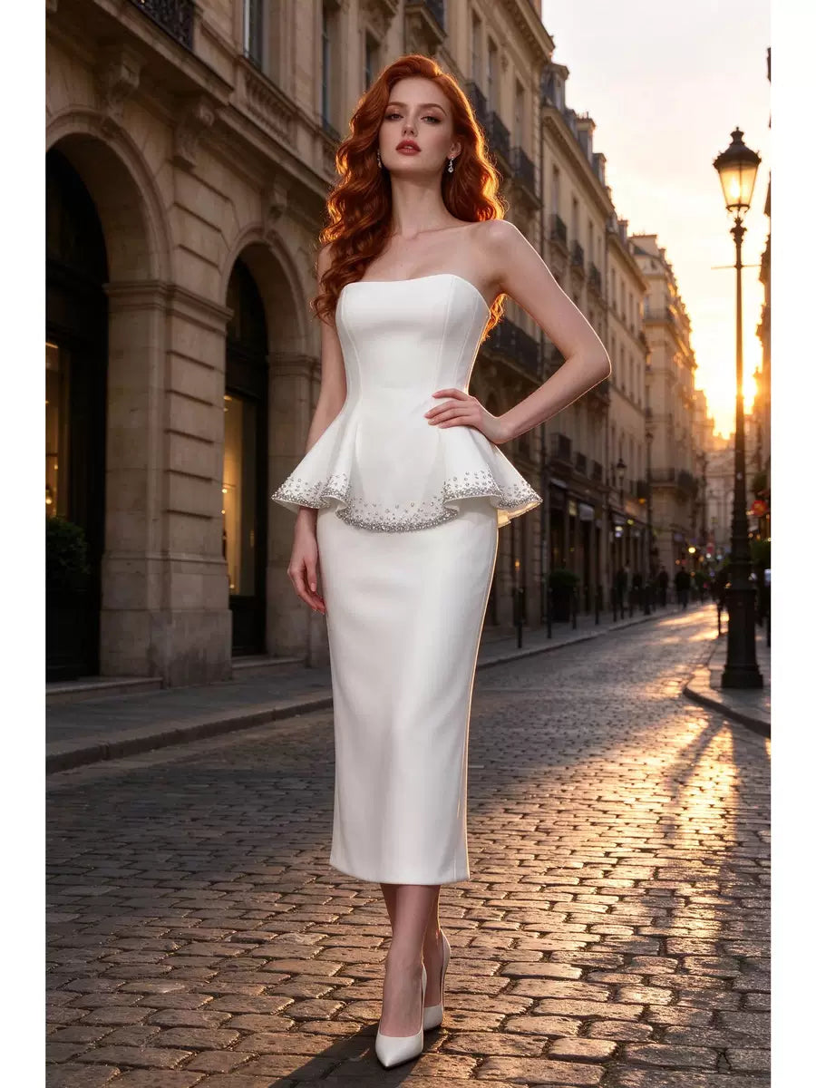 Women's Straight Slim-Waist Ruffle Slim-Fit High-Waist Crystal Evening Dress Formal Midi Dress for Black Tie Wedding Guest Cocktail Party Prom Date Night