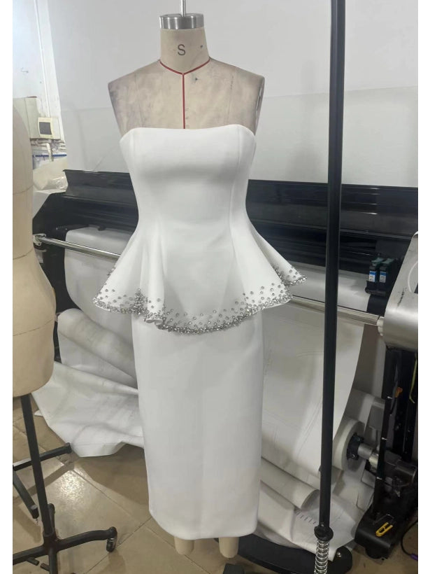 Women's Straight Slim-Waist Ruffle Slim-Fit High-Waist Crystal Evening Dress Formal Midi Dress for Black Tie Wedding Guest Cocktail Party Prom Date Night