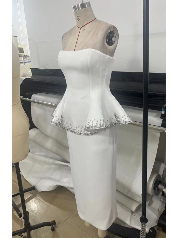 Women's Straight Slim-Waist Ruffle Slim-Fit High-Waist Crystal Evening Dress Formal Midi Dress for Black Tie Wedding Guest Cocktail Party Prom Date Night