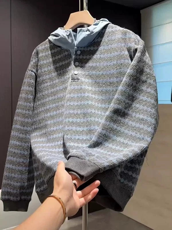Men's Striped Hooded Oversized Long Sleeve Casual Sweater Knit Pullover Top for Fall Winter Spring Travel Office Everyday Date Night