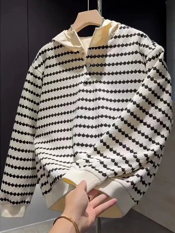 Men's Striped Hooded Oversized Long Sleeve Casual Sweater Knit Pullover Top for Fall Winter Spring Travel Office Everyday Date Night
