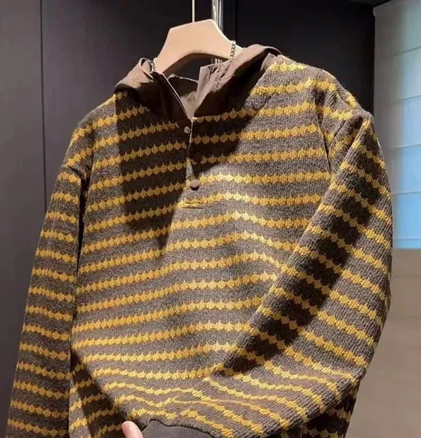 Men's Striped Hooded Oversized Long Sleeve Casual Sweater Knit Pullover Top for Fall Winter Spring Travel Office Everyday Date Night