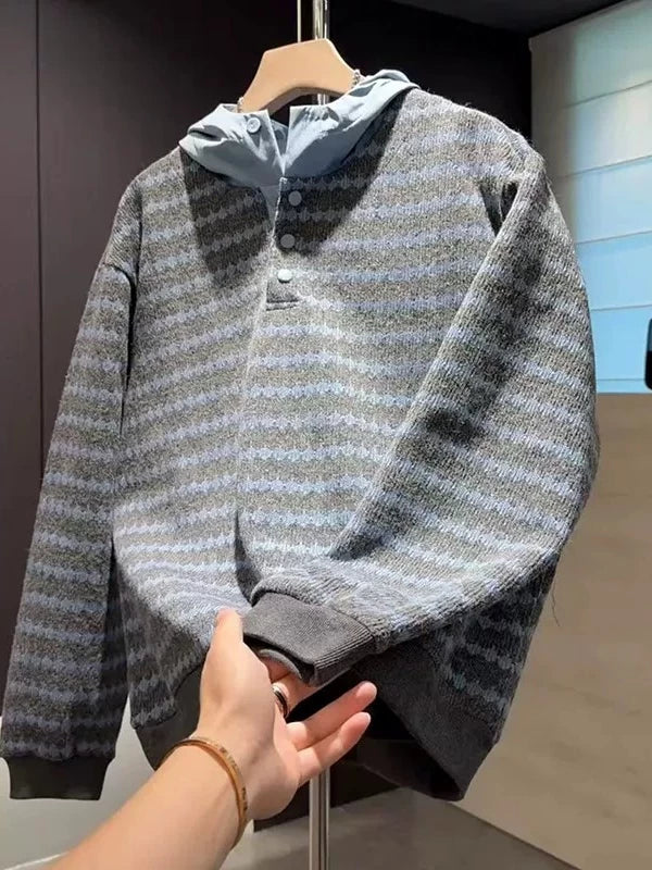 Men's Striped Hooded Oversized Long Sleeve Casual Sweater Knit Pullover Top for Fall Winter Spring Travel Office Everyday Date Night