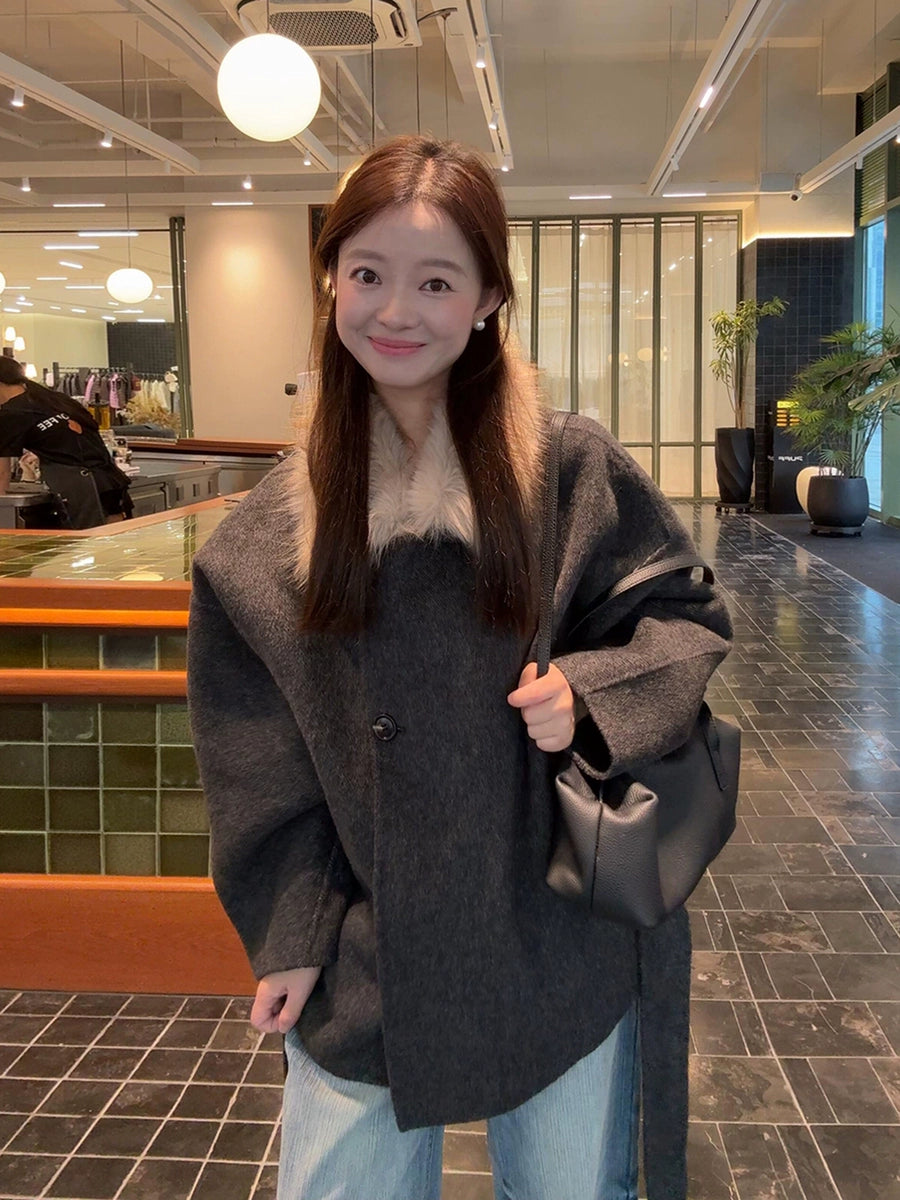 Women's Fur-collar Grey Slim-fit Korean-style Quiet-luxury Winter Coat for Fall Layering Travel Office Slimming Holiday Date Night