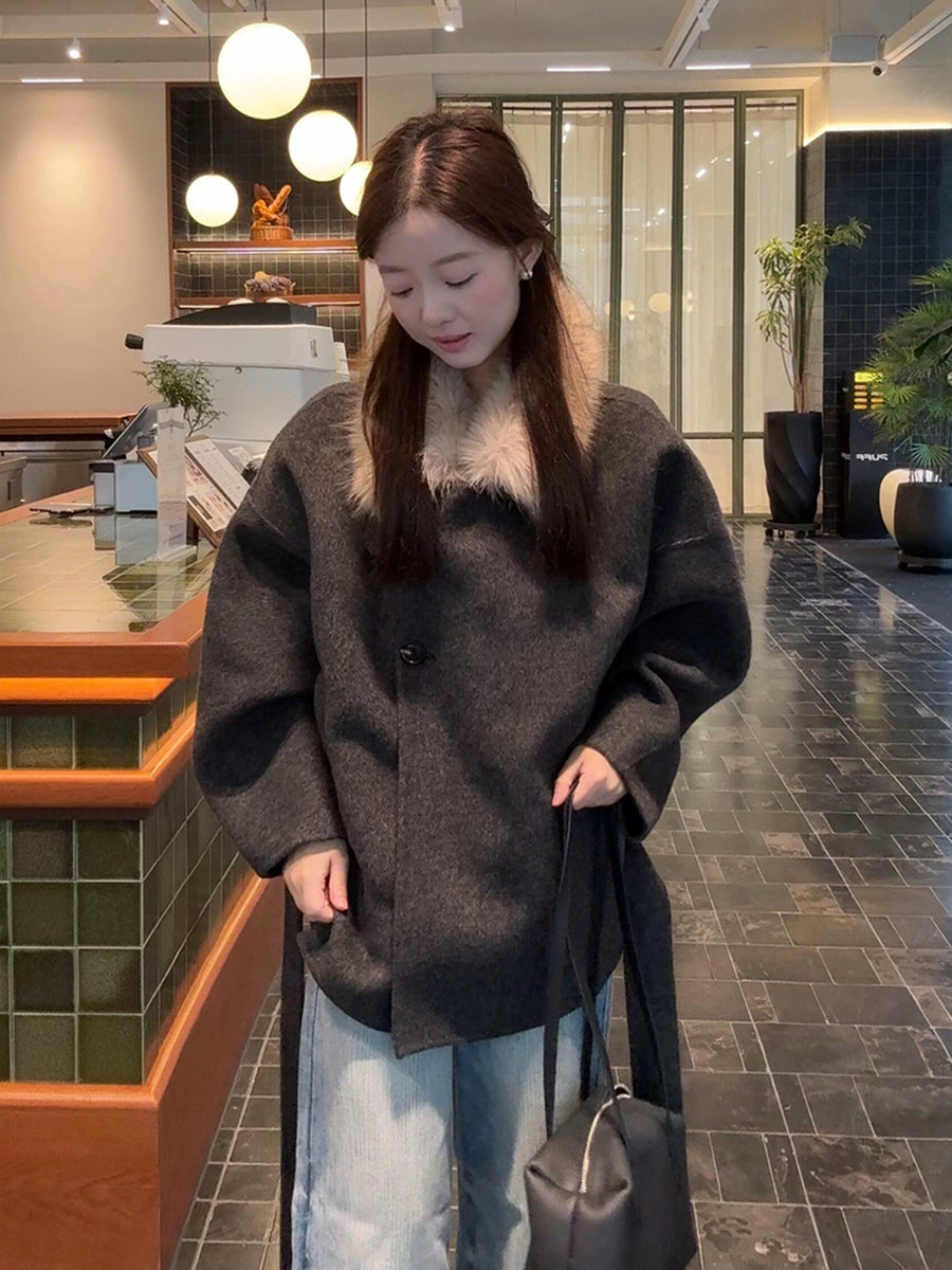 Women's Fur-collar Grey Slim-fit Korean-style Quiet-luxury Winter Coat for Fall Layering Travel Office Slimming Holiday Date Night