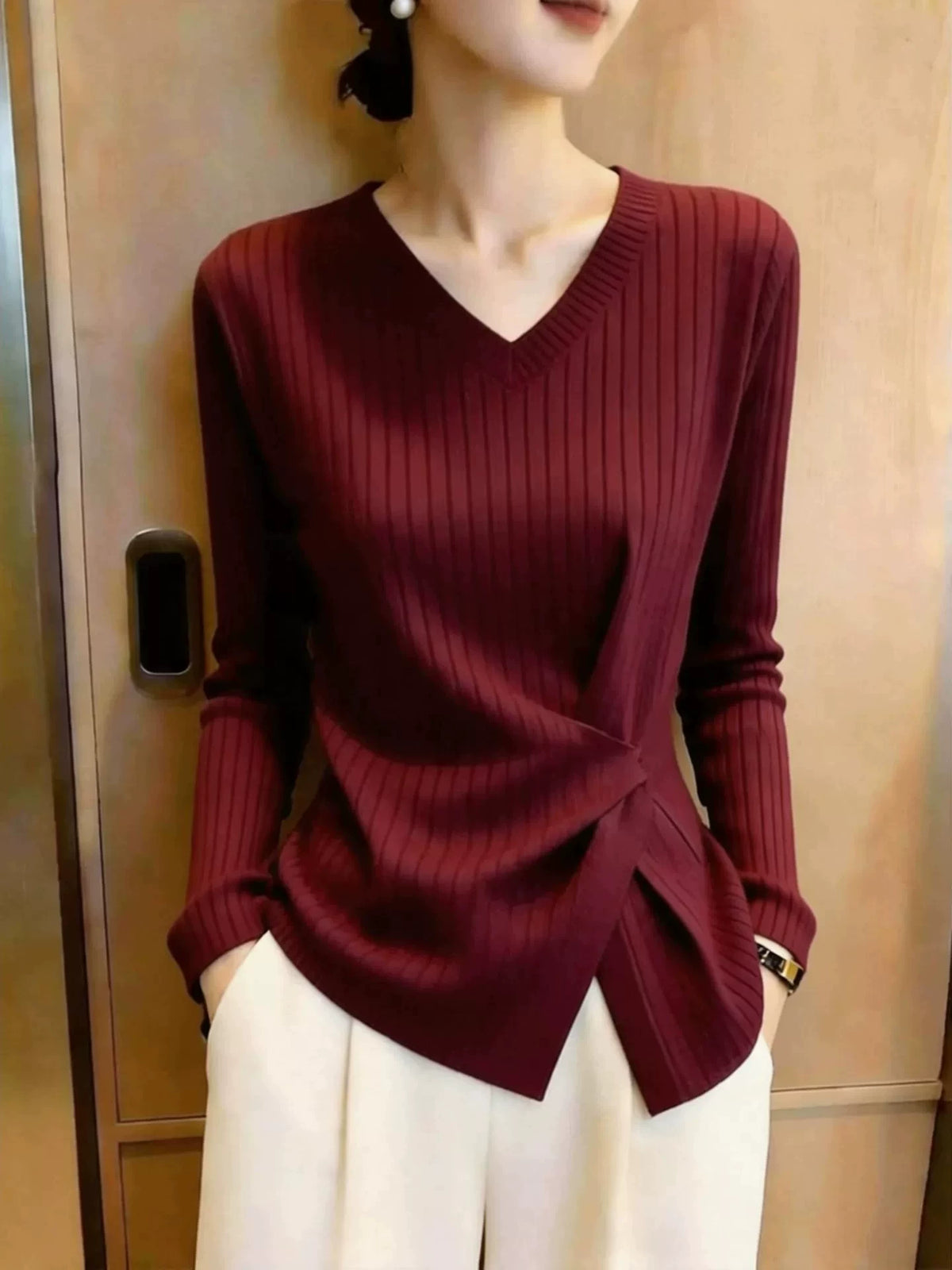 Women's V-Neck Slim-Waist Burgundy Office Long Sleeve Workwear Top Fashion Blouse Shirt for Business Casual Streetwear