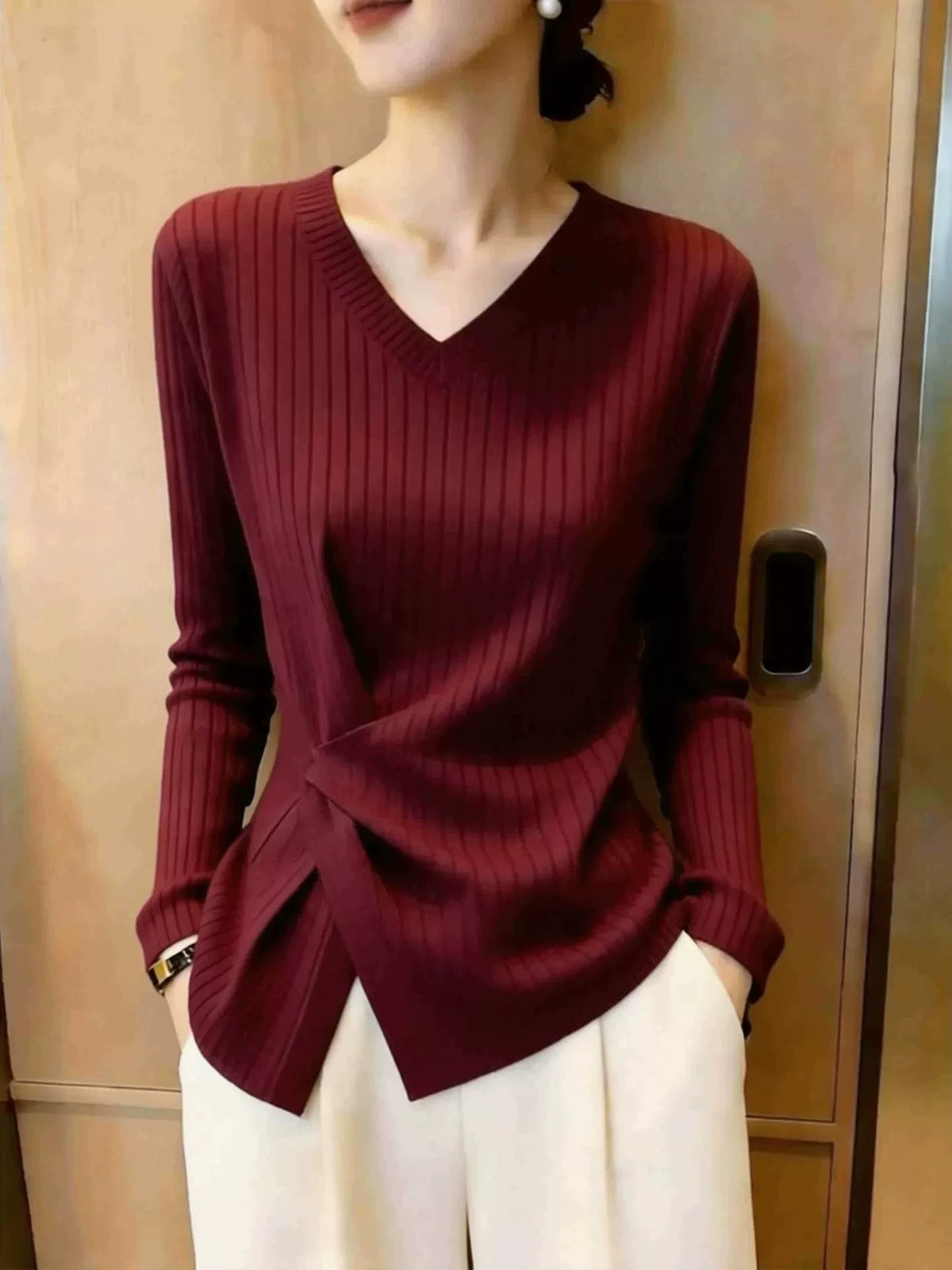 Women's V-Neck Slim-Waist Burgundy Office Long Sleeve Workwear Top Fashion Blouse Shirt for Business Casual Streetwear