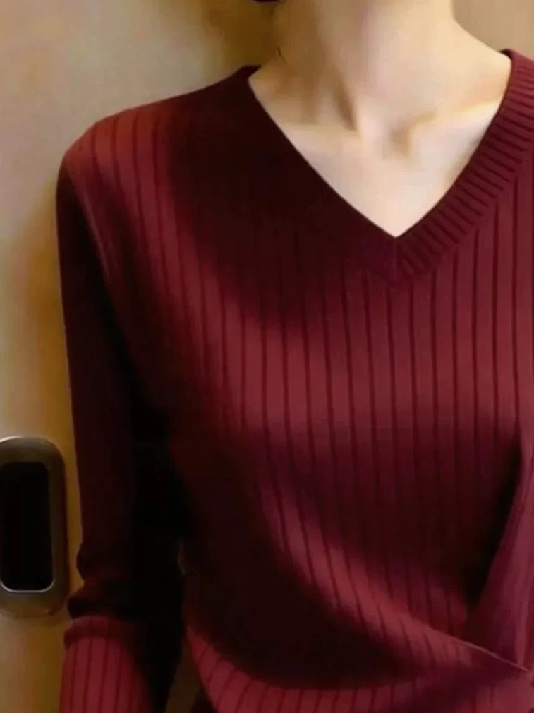 Women's V-Neck Slim-Waist Burgundy Office Long Sleeve Workwear Top Fashion Blouse Shirt for Business Casual Streetwear