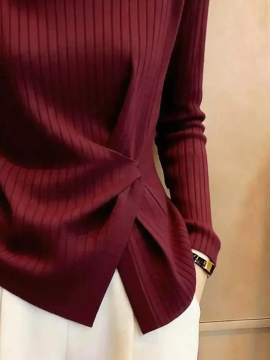 Women's V-Neck Slim-Waist Burgundy Office Long Sleeve Workwear Top Fashion Blouse Shirt for Business Casual Streetwear