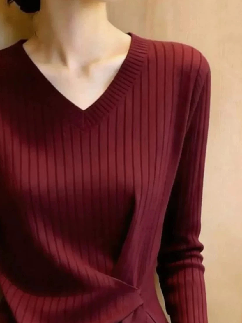 Women's V-Neck Slim-Waist Burgundy Office Long Sleeve Workwear Top Fashion Blouse Shirt for Business Casual Streetwear