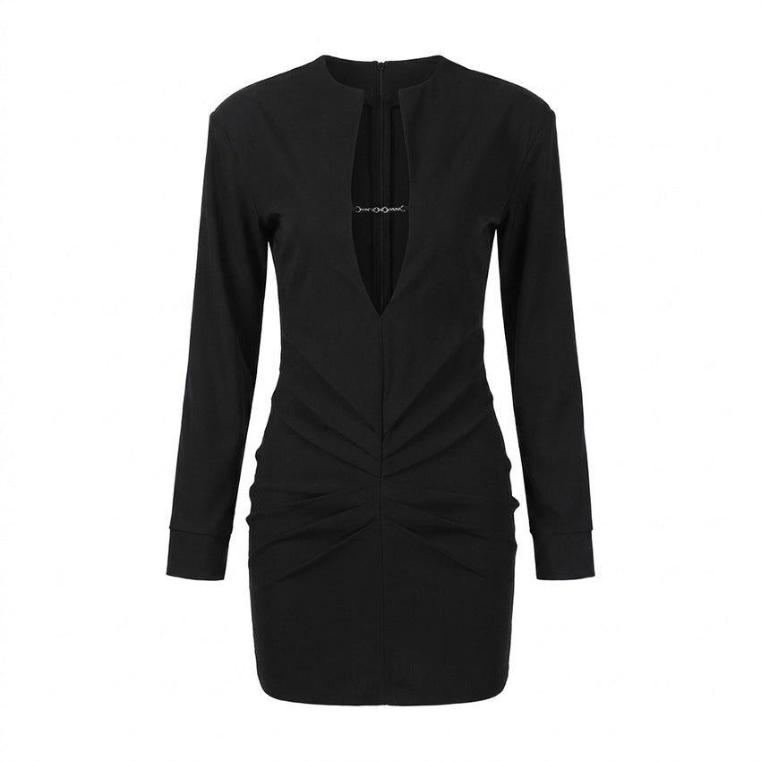 Women's V-Neck Winter Black Bodycon Long Sleeve Dress Party Evening Outfit Day Midi