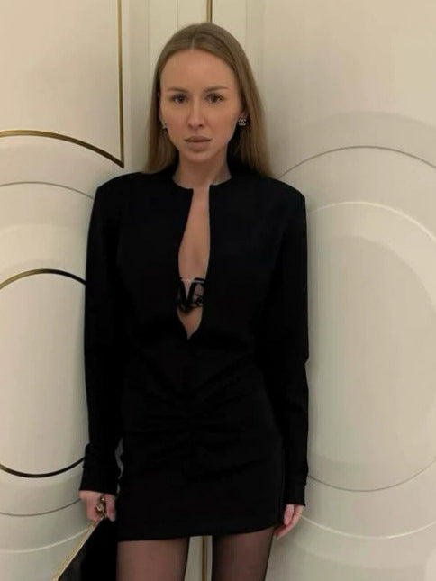 Women's V-Neck Winter Black Bodycon Long Sleeve Dress Party Evening Outfit Day Midi