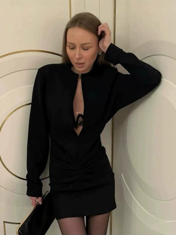 Women's V-Neck Winter Black Bodycon Long Sleeve Dress Party Evening Outfit Day Midi