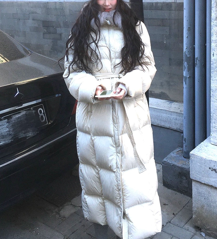 Women's Fur-Collar Winter Slim-Waist White Longline Petite Down Jacket Fall Travel Outdoor Holiday