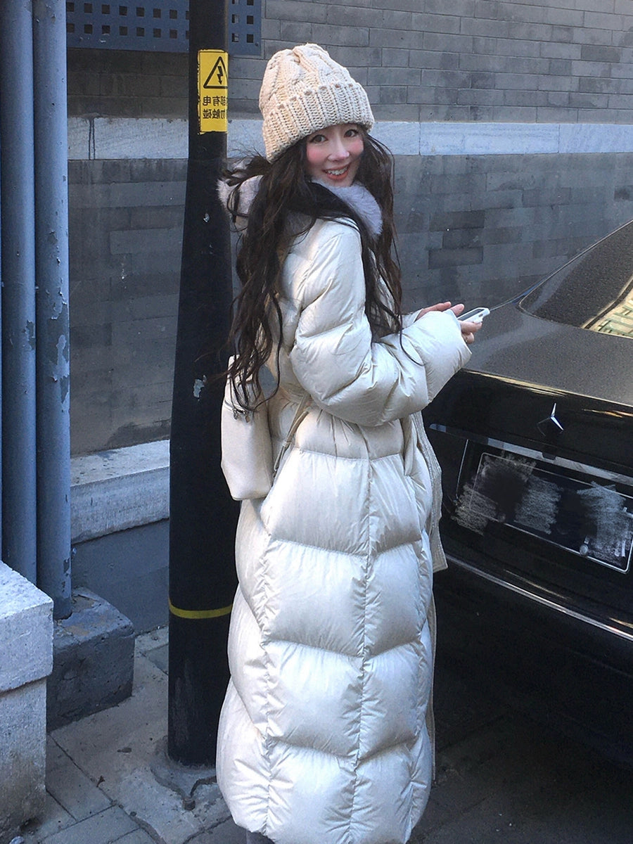 Women's Fur-Collar Winter Slim-Waist White Longline Petite Down Jacket Fall Travel Outdoor Holiday