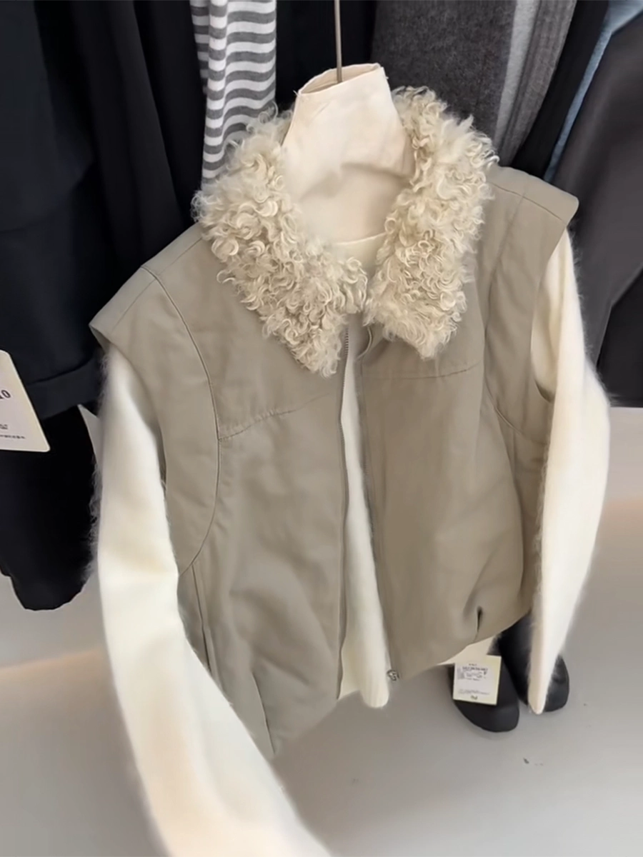 Women's Fur-collar Fall Winter Vest Grey Slim-fit Tweed-style for Date Night Holiday Party Slimming