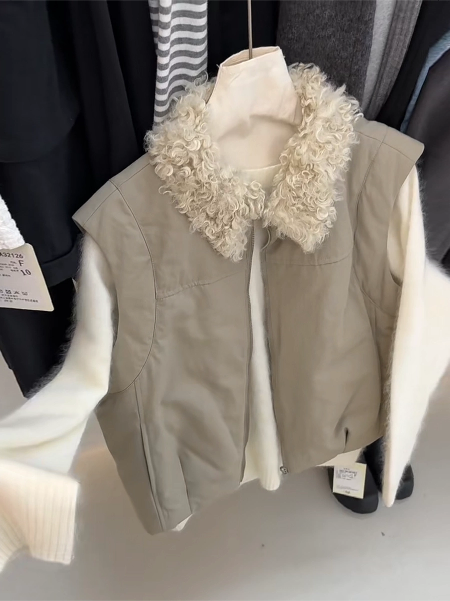 Women's Fur-collar Fall Winter Vest Grey Slim-fit Tweed-style for Date Night Holiday Party Slimming
