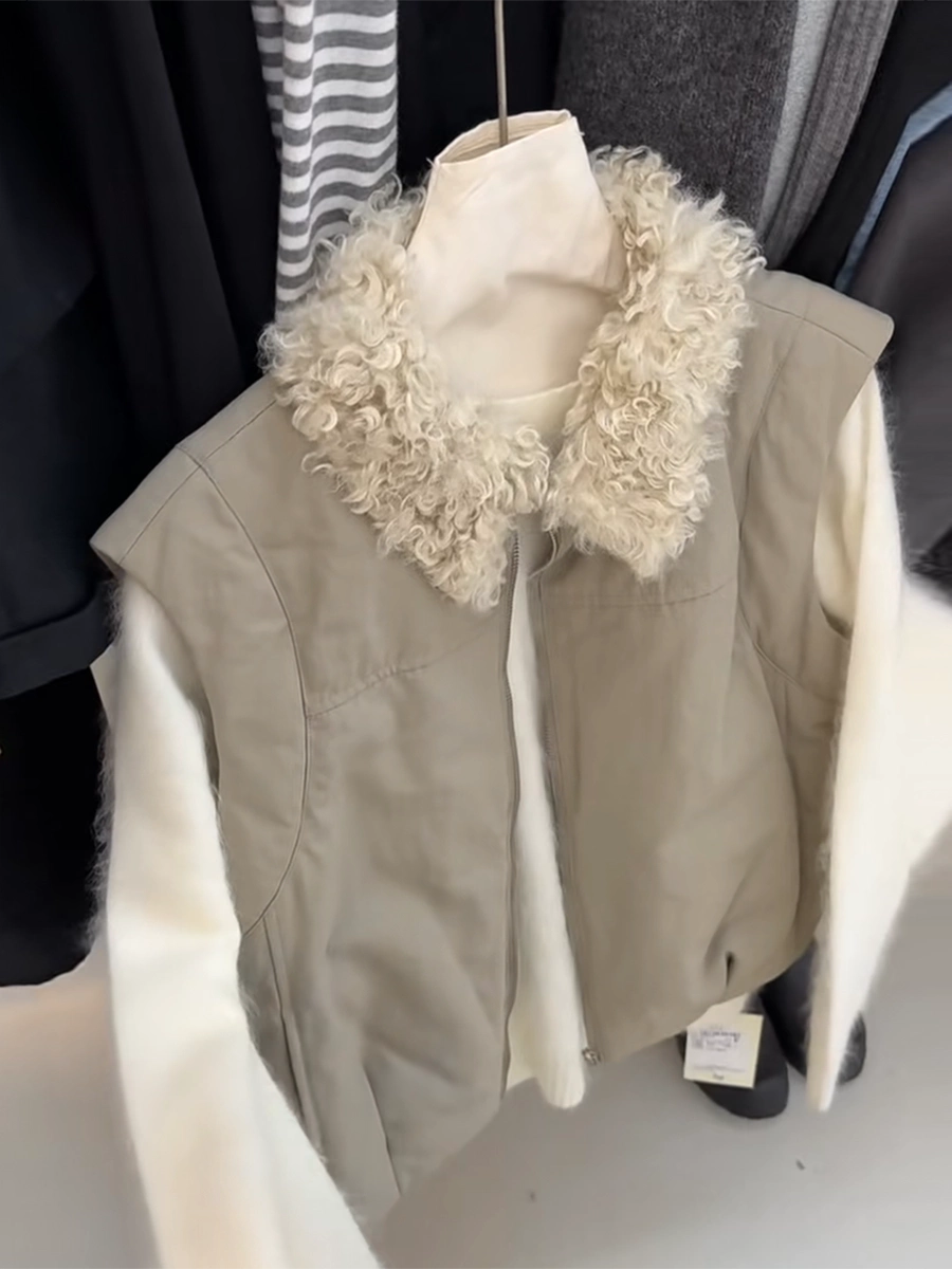Women's Fur-collar Fall Winter Vest Grey Slim-fit Tweed-style for Date Night Holiday Party Slimming