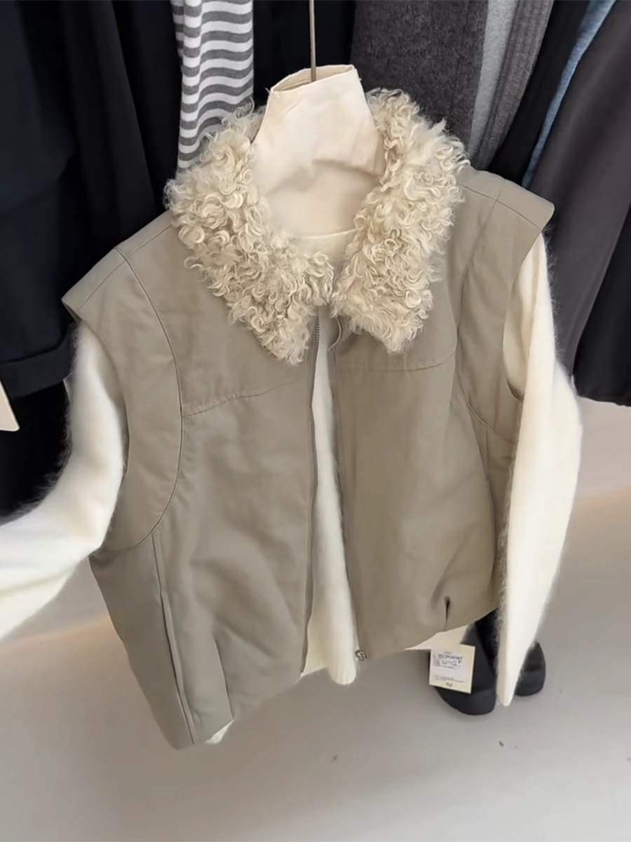 Women's Fur-collar Fall Winter Vest Grey Slim-fit Tweed-style for Date Night Holiday Party Slimming