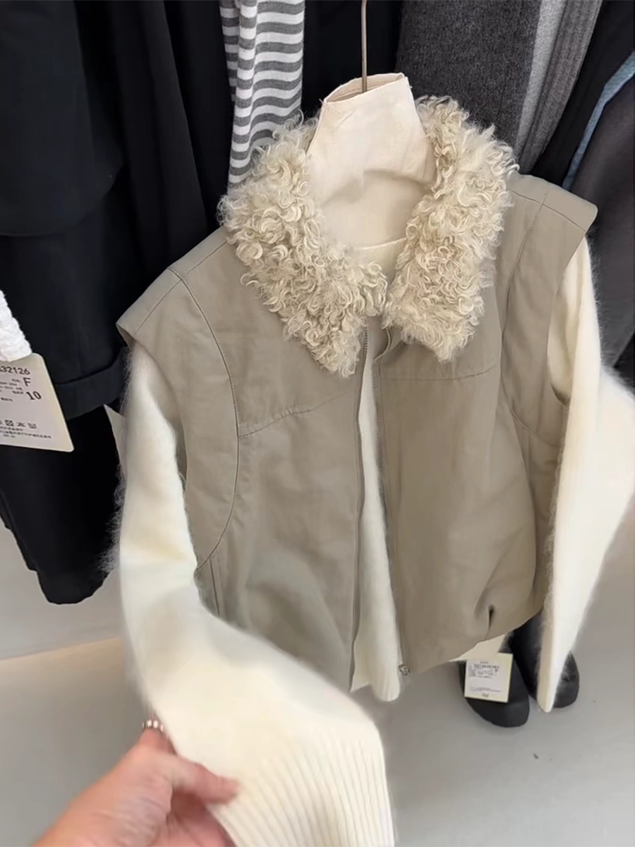 Women's Fur-collar Fall Winter Vest Grey Slim-fit Tweed-style for Date Night Holiday Party Slimming
