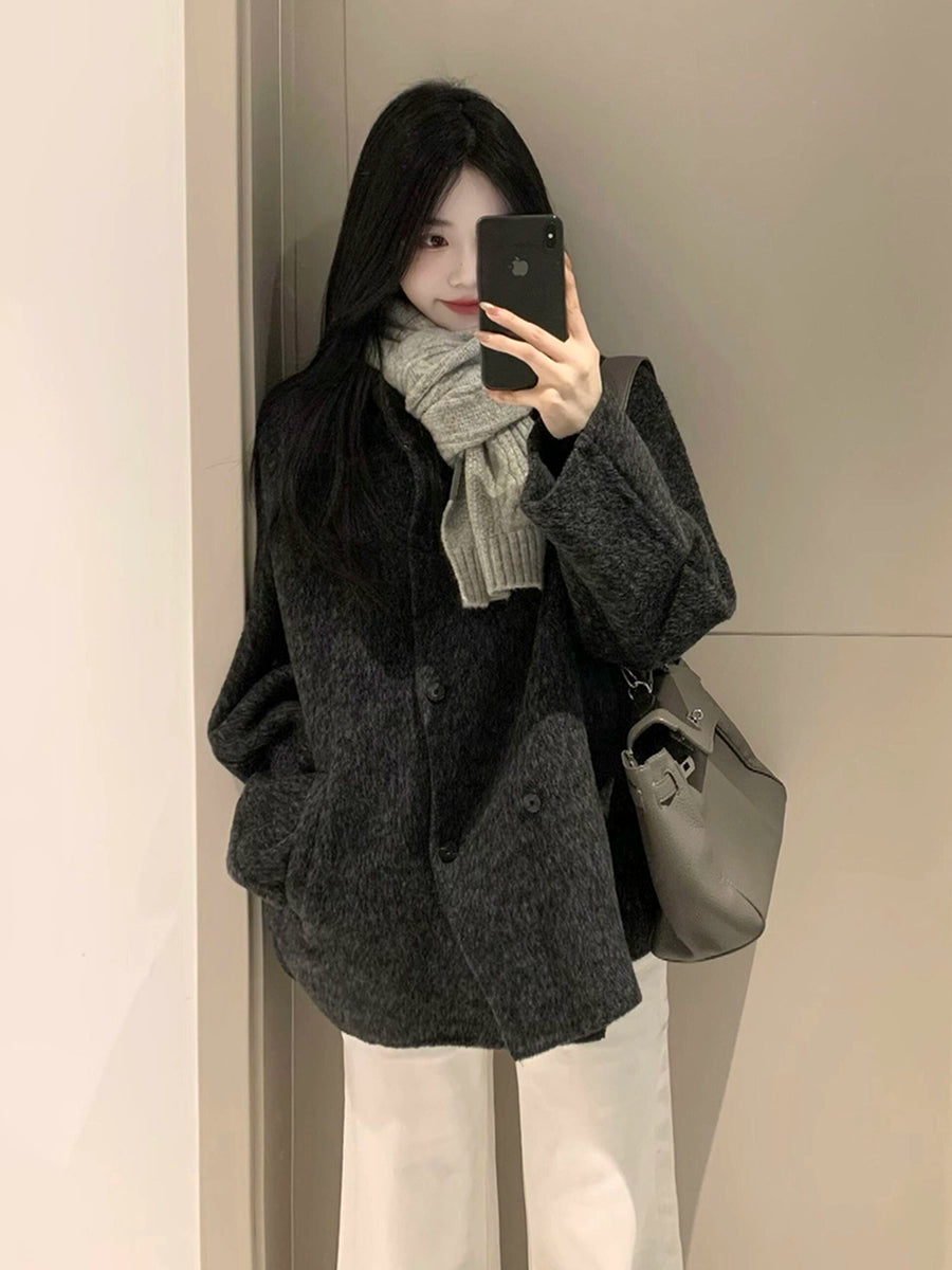 Women's Grey Petite Slim-fit Korean-style Winter Coat for Fall Layering Travel Office Slimming Holiday Date Night