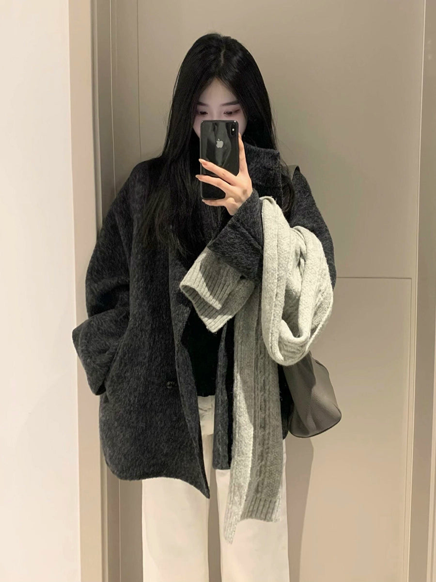 Women's Grey Petite Slim-fit Korean-style Winter Coat for Fall Layering Travel Office Slimming Holiday Date Night