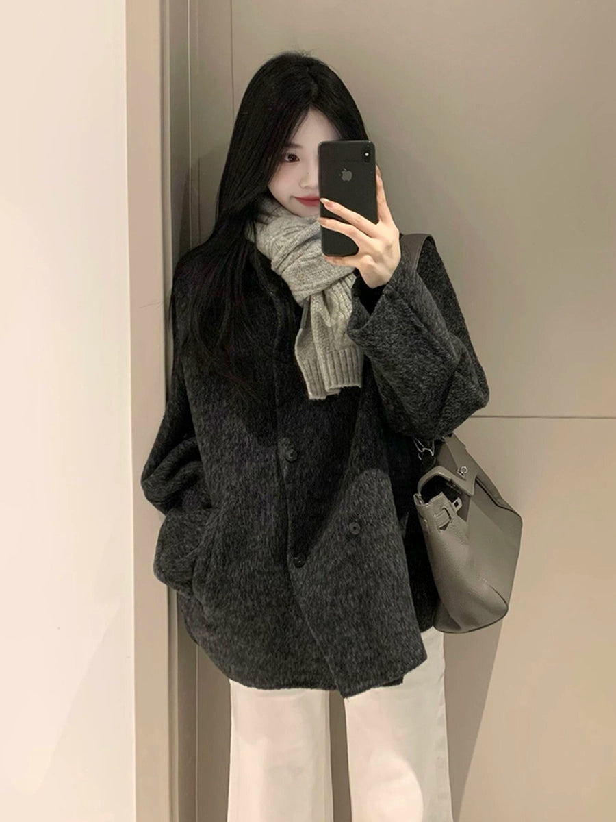 Women's Grey Petite Slim-fit Korean-style Winter Coat for Fall Layering Travel Office Slimming Holiday Date Night