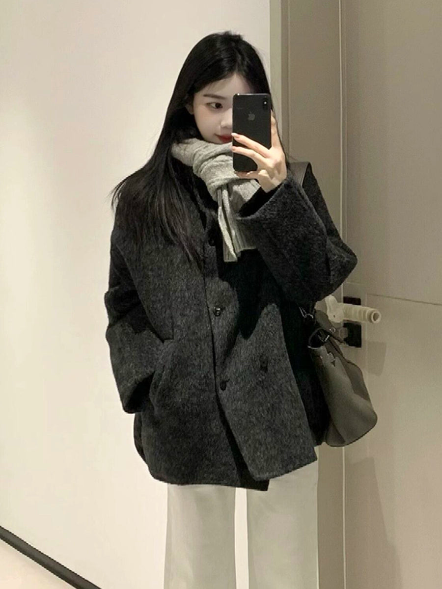 Women's Grey Petite Slim-fit Korean-style Winter Coat for Fall Layering Travel Office Slimming Holiday Date Night