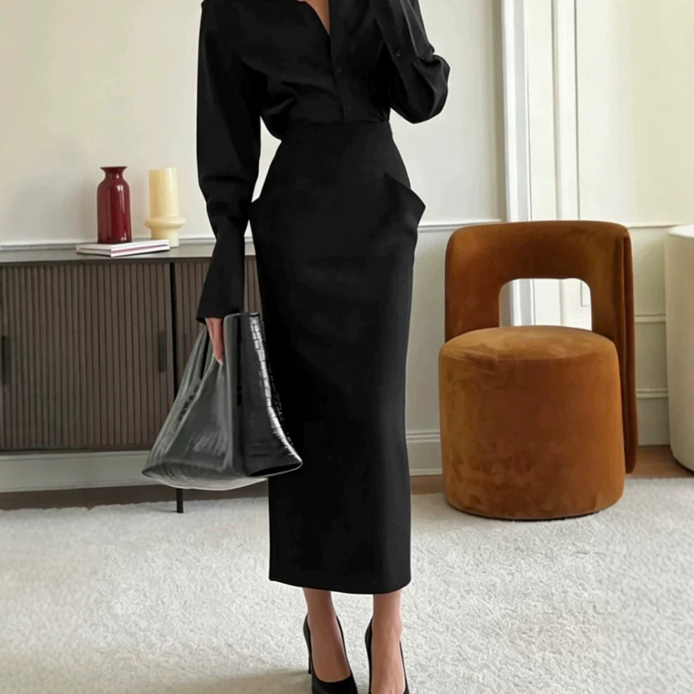 Women's Fall Winter Straight Black Longline High-Waist Slim-Fit Midi Business Wear Suit Set