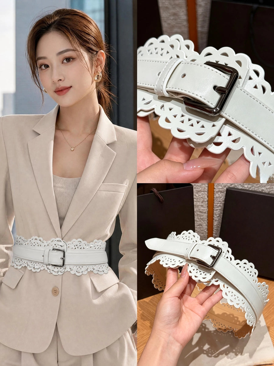 Women's Embossed Minimalist Waist-defining Slim-waist Leather Cutout Wide Waist Belt Waist-cinching for Date Night Gift Party Versatile Office Everyday