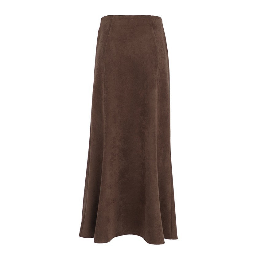 Women's Winter Brown Suede-Look Longline High-Waist Midi Retro Casual Mermaid Evening Gown