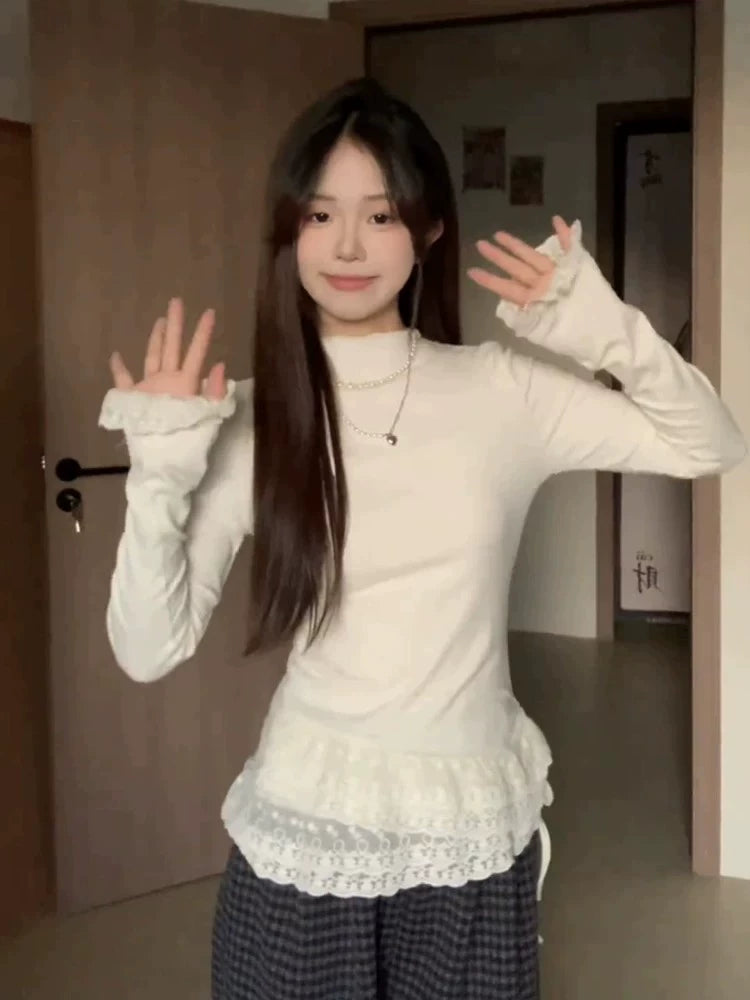 Women's Mock Neck Fall Winter Apricot Lace Long Sleeve Korean-Style Top Fashion Blouse Shirt for Office Outfits Business Casual Streetwear