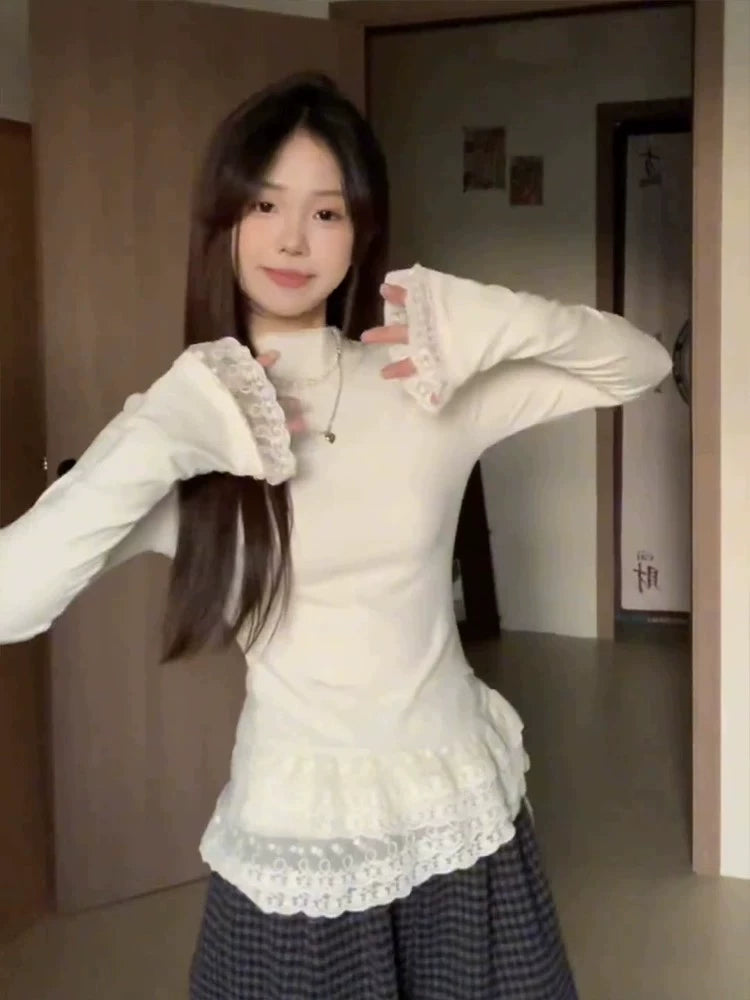 Women's Mock Neck Fall Winter Apricot Lace Long Sleeve Korean-Style Top Fashion Blouse Shirt for Office Outfits Business Casual Streetwear