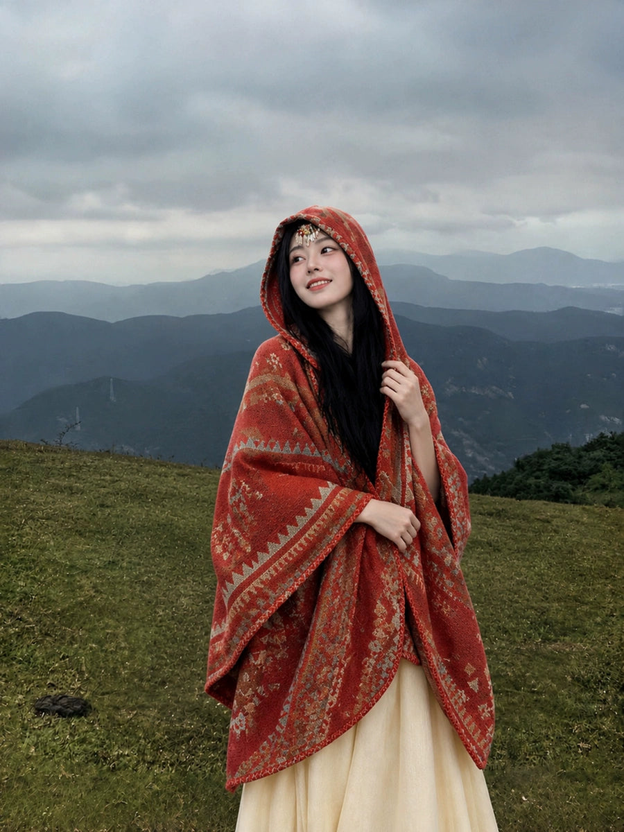 Women's Hooded Fleece-Lined Knit Shawl for Office and Travel Evening Gift Everyday Wear Holiday Gift