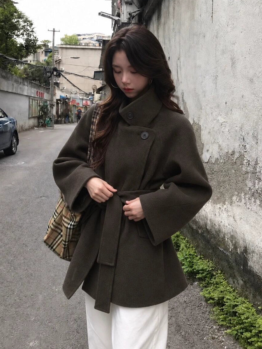 Women's Petite Slim-fit Lace-up Korean-style Winter Coat for Fall Layering Travel Office Slimming Holiday Date Night