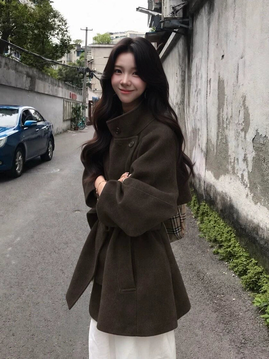Women's Petite Slim-fit Lace-up Korean-style Winter Coat for Fall Layering Travel Office Slimming Holiday Date Night