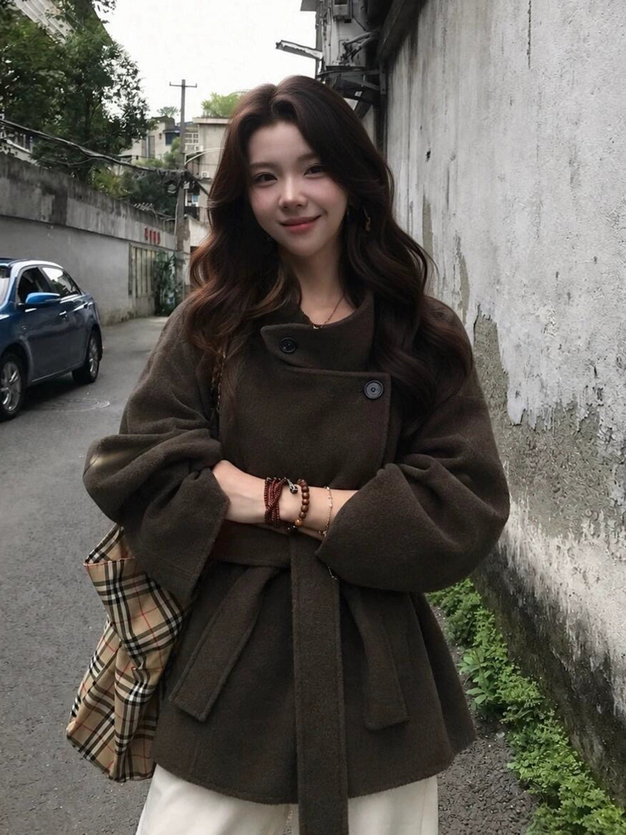 Women's Petite Slim-fit Lace-up Korean-style Winter Coat for Fall Layering Travel Office Slimming Holiday Date Night