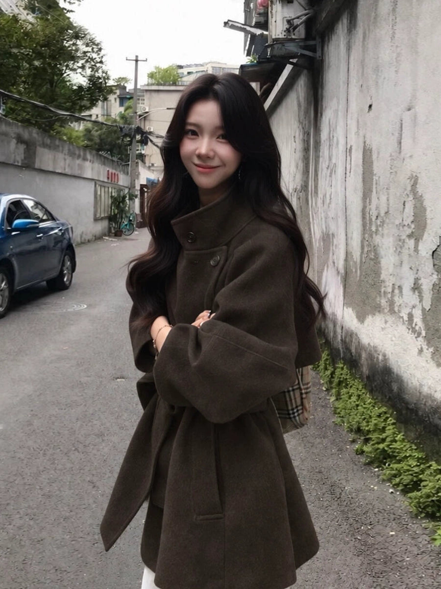 Women's Petite Slim-fit Lace-up Korean-style Winter Coat for Fall Layering Travel Office Slimming Holiday Date Night