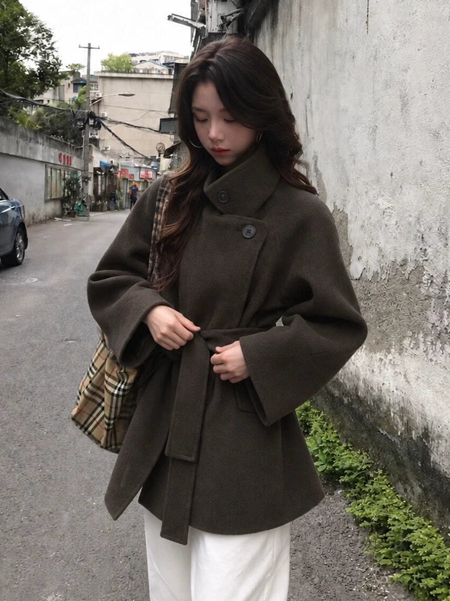 Women's Petite Slim-fit Lace-up Korean-style Winter Coat for Fall Layering Travel Office Slimming Holiday Date Night