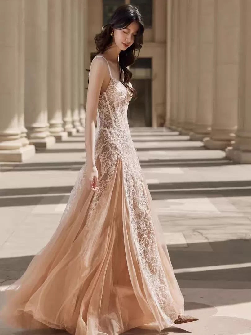 Women's Slim-Waist Lace Flare A-Line Breathable Mesh Party Evening Dress Formal Midi Dress for Black Tie Wedding Guest Cocktail Prom Date Night