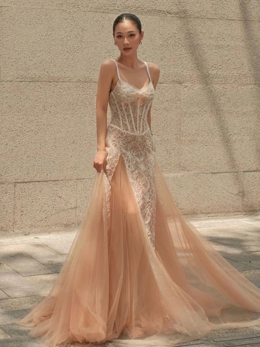 Women's Slim-Waist Lace Flare A-Line Breathable Mesh Party Evening Dress Formal Midi Dress for Black Tie Wedding Guest Cocktail Prom Date Night