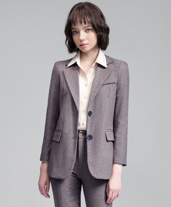 Setelan Jas Bisnis Wanita Bahan Wol Campuran Blazer & Celana Panjang Pakaian Formal Kantor Wawancara untuk Musim Gugur
