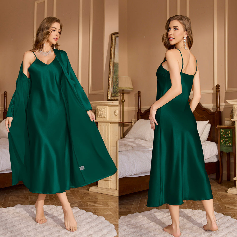 Set Piyama Satin Wanita Baju Tidur Kamisol Kerah V + Jubah Lengan Panjang Pakaian Santai Halus