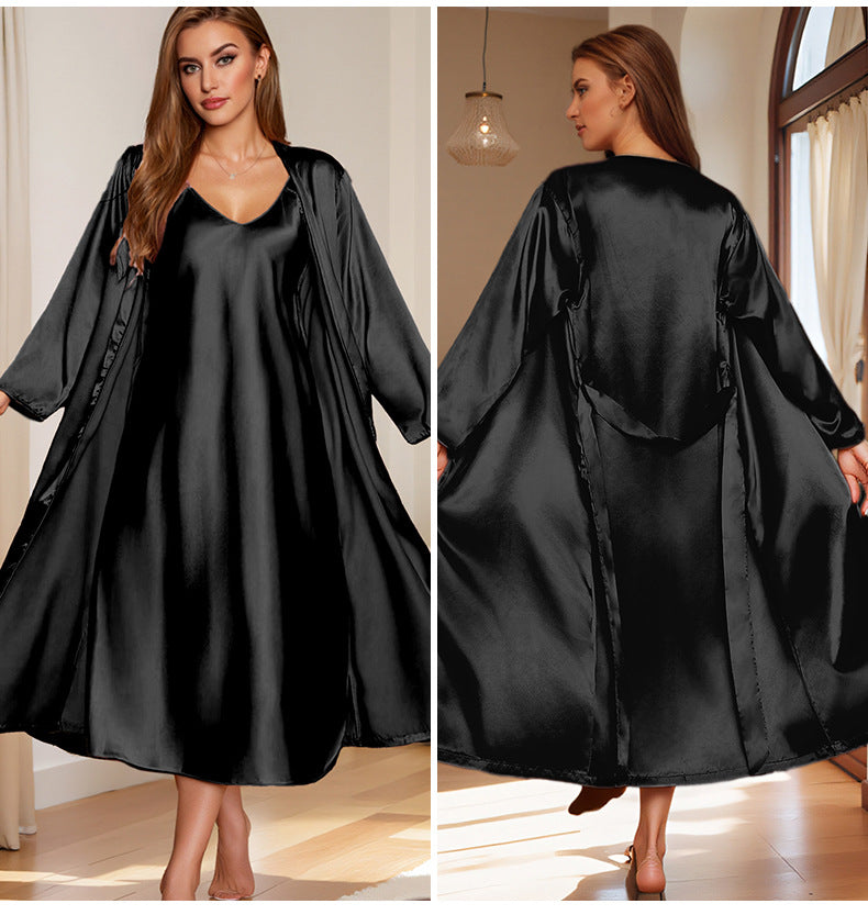 Set Piyama Satin Wanita Baju Tidur Kamisol Kerah V + Jubah Lengan Panjang Pakaian Santai Halus