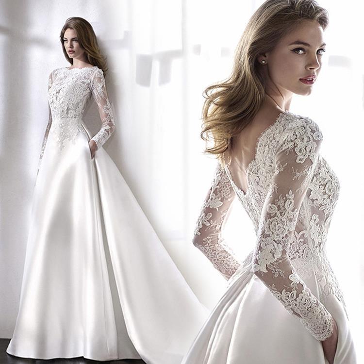Gaun Pengantin Satin Lengan Panjang Berenda Model A-Line dengan Punggung Illusion untuk Mempelai Wanita