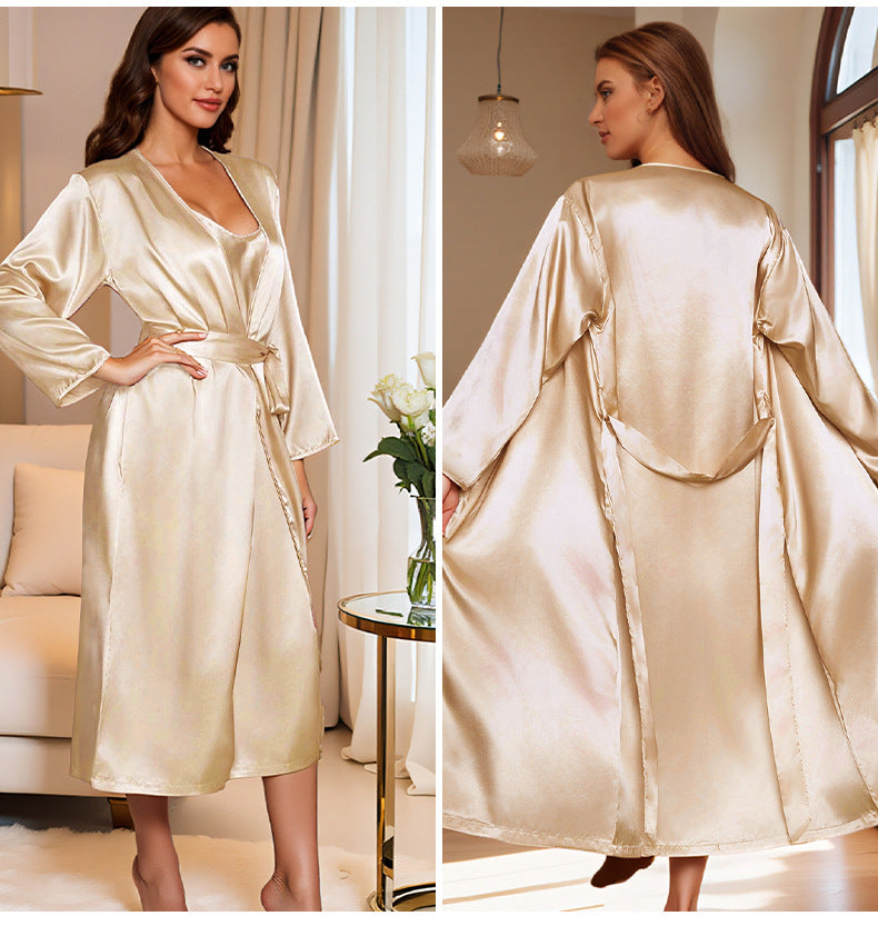 Set Piyama Satin Wanita Baju Tidur Kamisol Kerah V + Jubah Lengan Panjang Pakaian Santai Halus