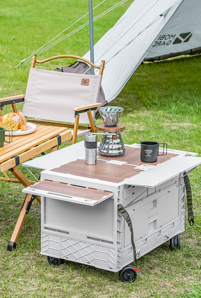 Folding Camping Storage Box with Table – Portable Outdoor Organizer & Utility Cart