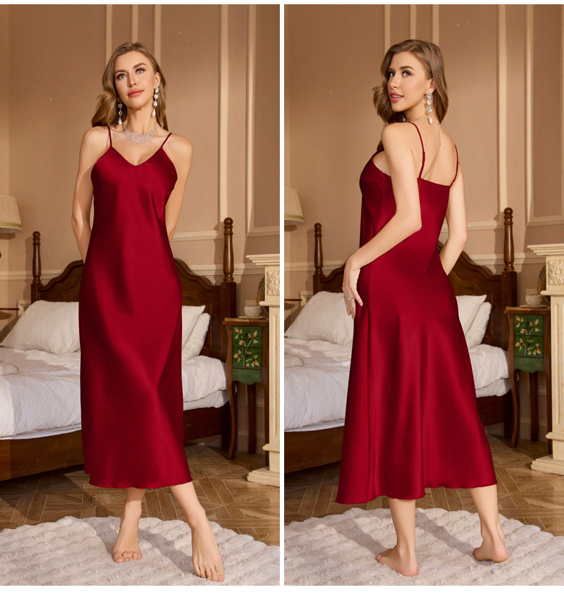 Set Piyama Satin Wanita Baju Tidur Kamisol Kerah V + Jubah Lengan Panjang Pakaian Santai Halus