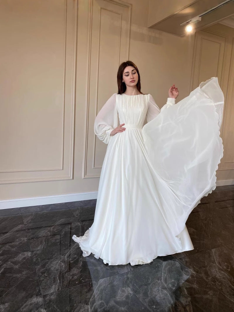 Elegant Round Neck Lantern Long Sleeve Wedding Dress, Shimmer Pearl Chiffon Flowy Floor Length Maxi Gown, Formal Evening Bridal Party Dress Available in Multiple Colors S-XXL