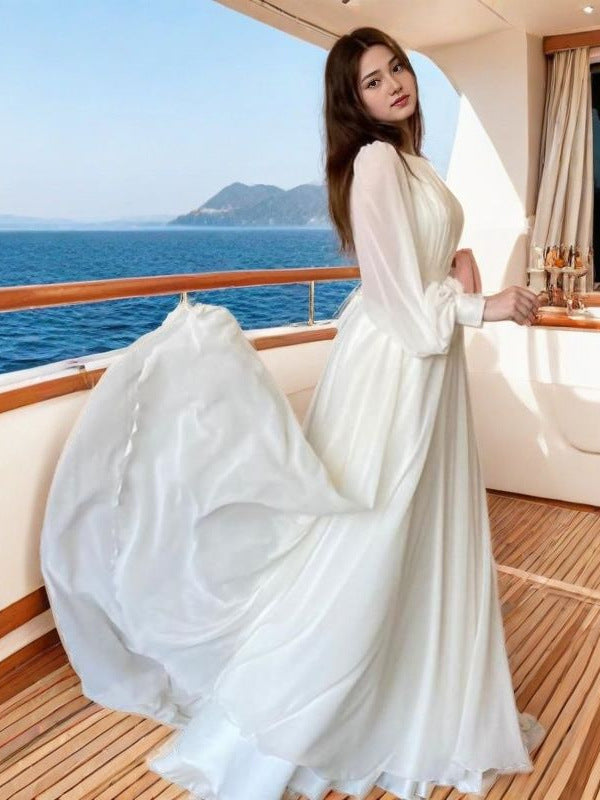 Elegant Round Neck Lantern Long Sleeve Wedding Dress, Shimmer Pearl Chiffon Flowy Floor Length Maxi Gown, Formal Evening Bridal Party Dress Available in Multiple Colors S-XXL